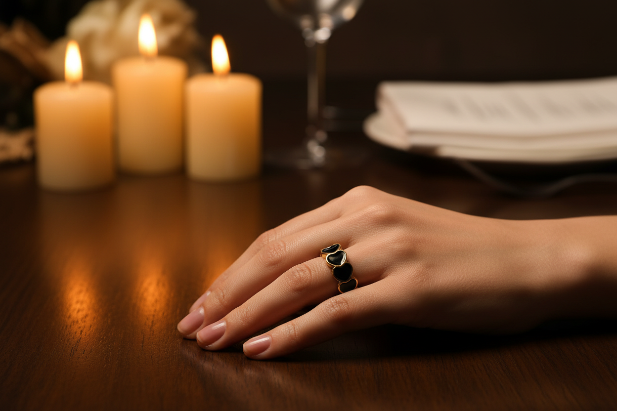Black Enamel Heart Band Ring | 18K Gold Plated | Adjustable