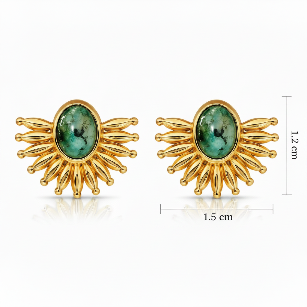 Gold sun-shaped earrings with green gemstones and size measurements on a white background