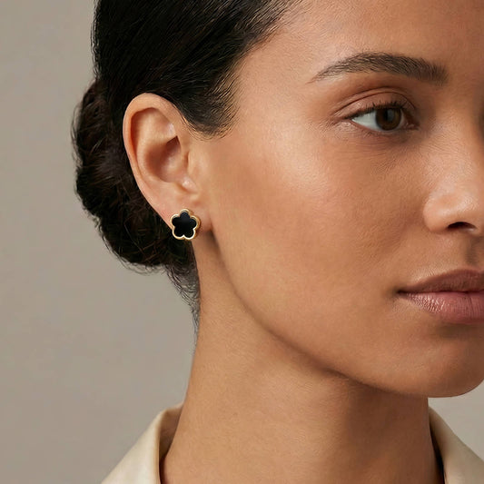 Black Enamel Flower Stud Earrings | 18K Gold Plated