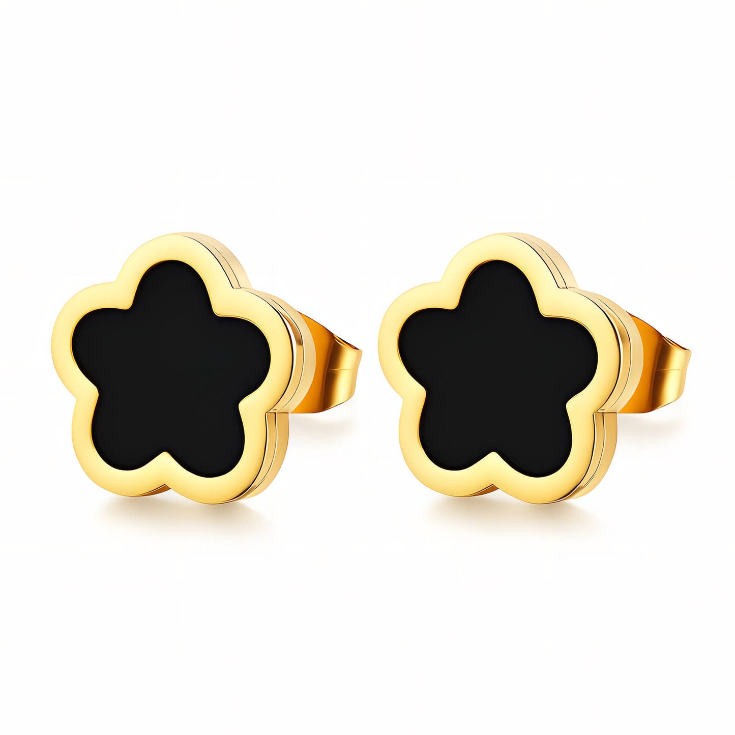 Black Enamel Flower Stud Earrings | 18K Gold Plated