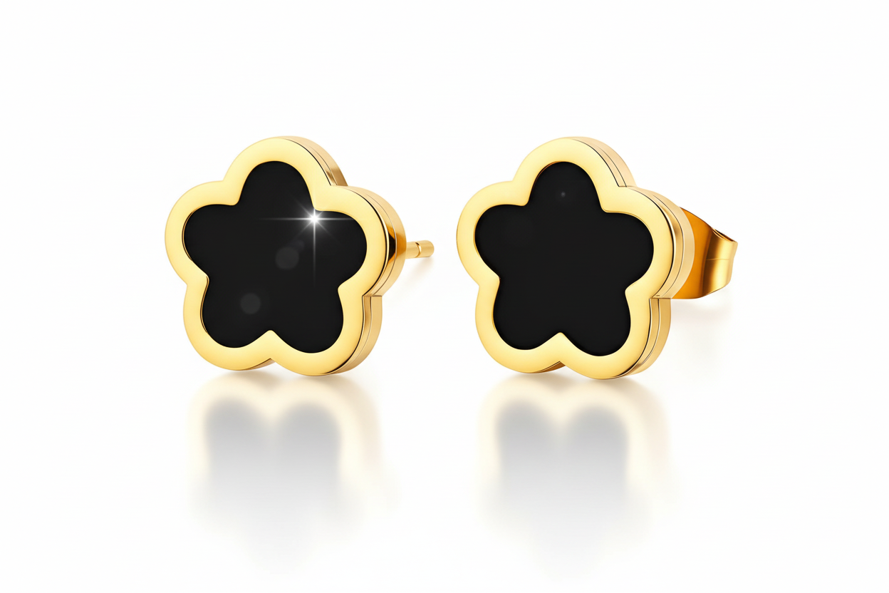 Black Enamel Flower Stud Earrings | 18K Gold Plated