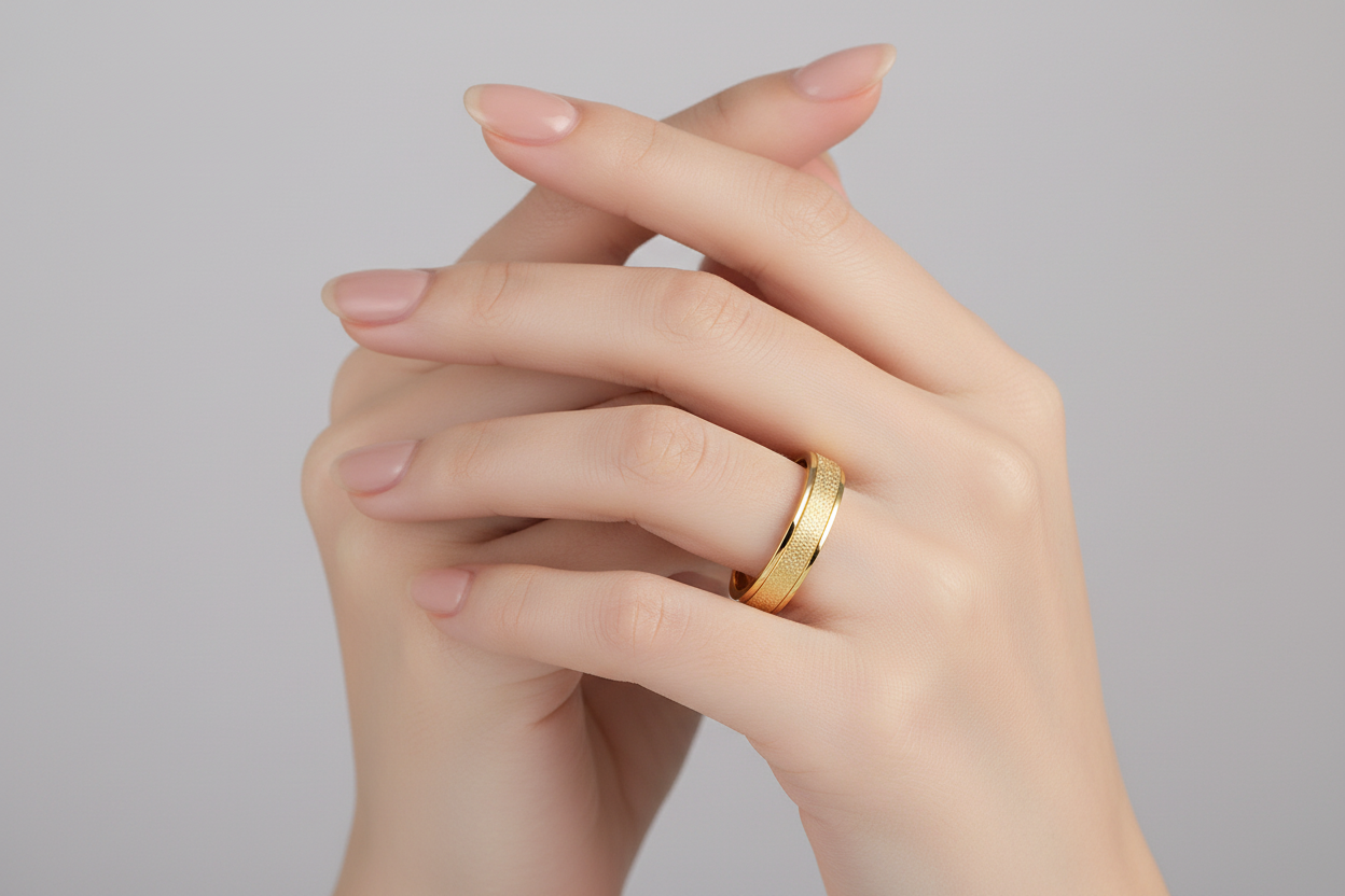 Gold ring on a hand against a plain background
