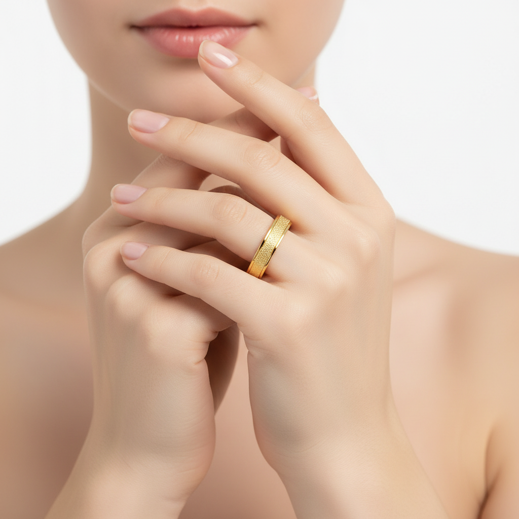 18k Gold plated ring on a hand with a blurred background