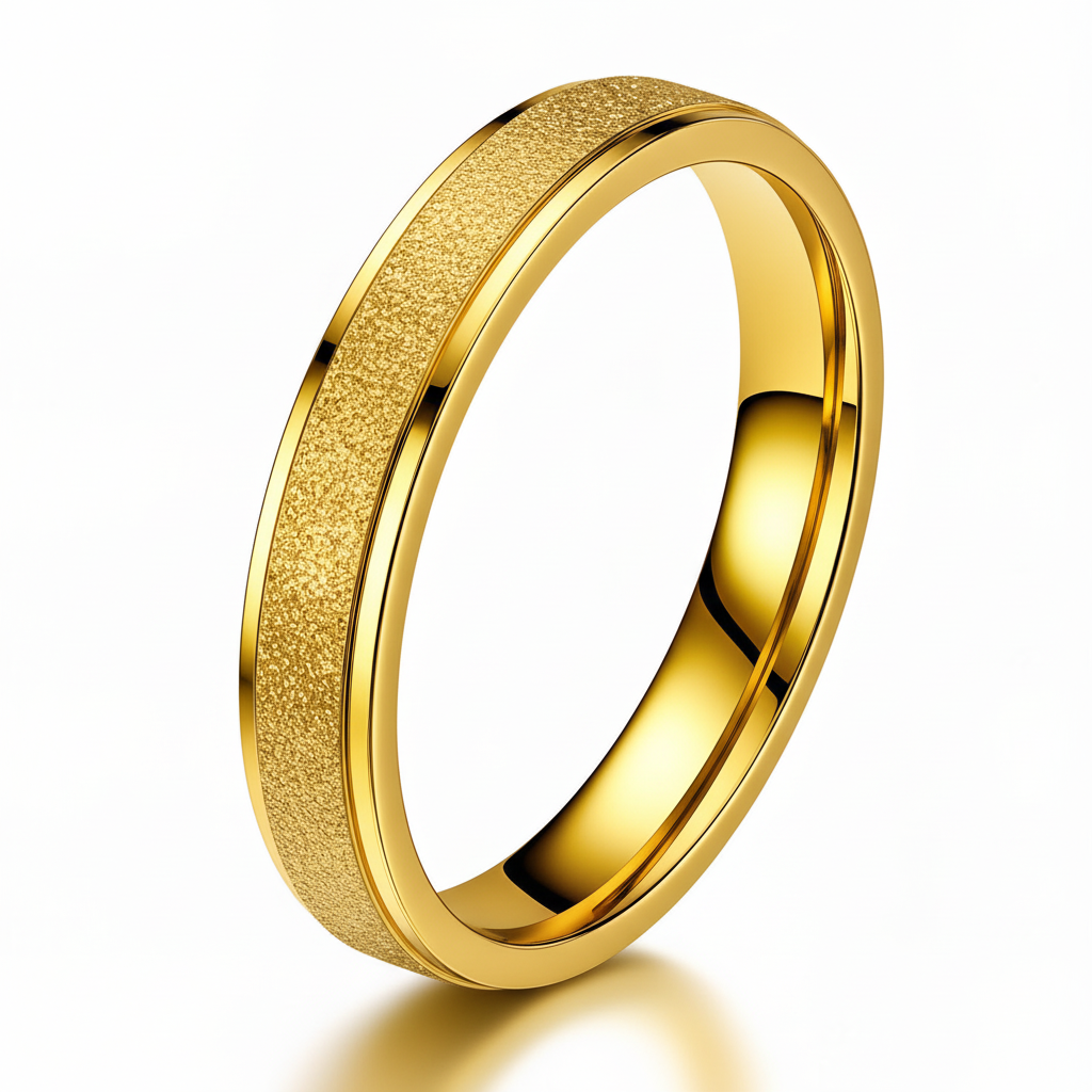 18k Gold plated anti tarnish band ring with textured band on a white background