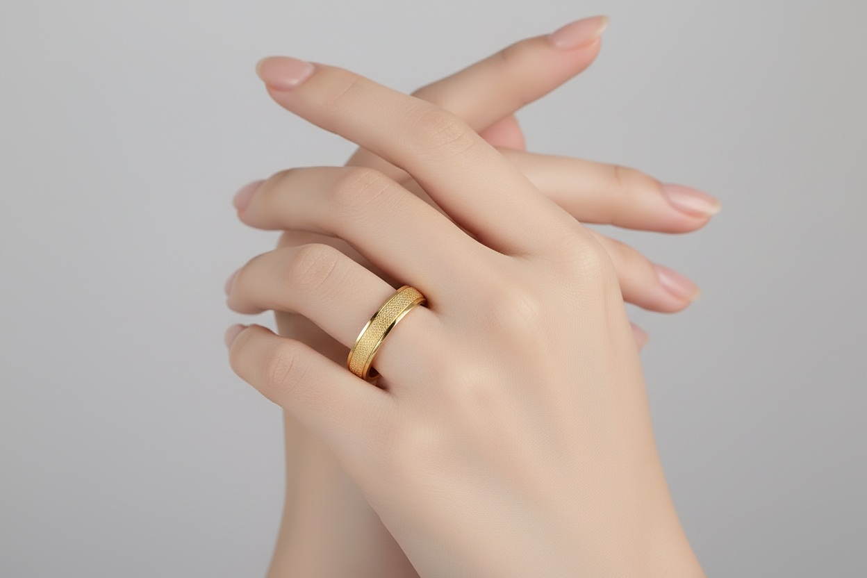 women wearing 18k Gold ring band on a hand against a gray background