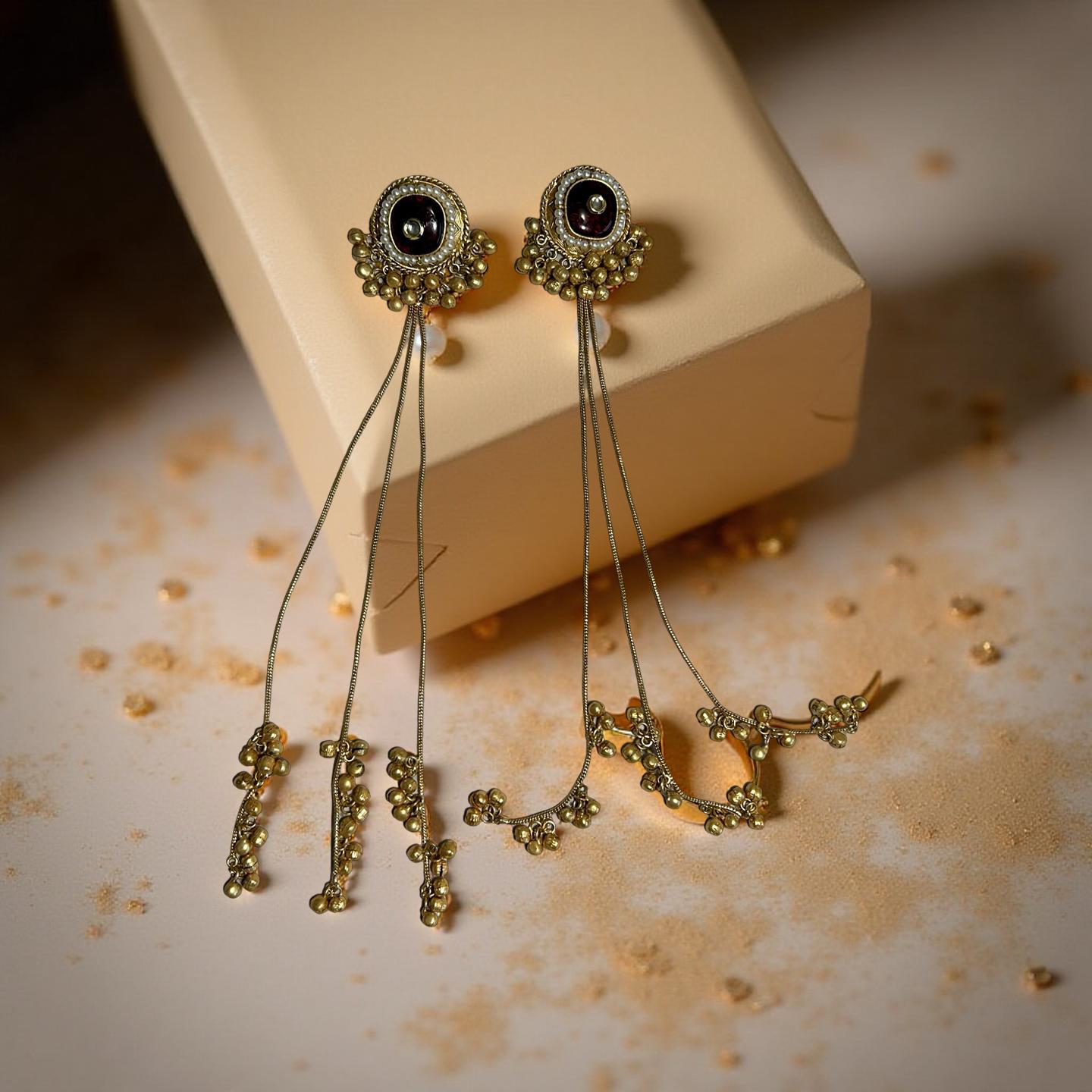 traditional  Kashmiri earrings,Dejhoor earrings,feature a long chain, ghungroo bells, and kundan stone embellishments