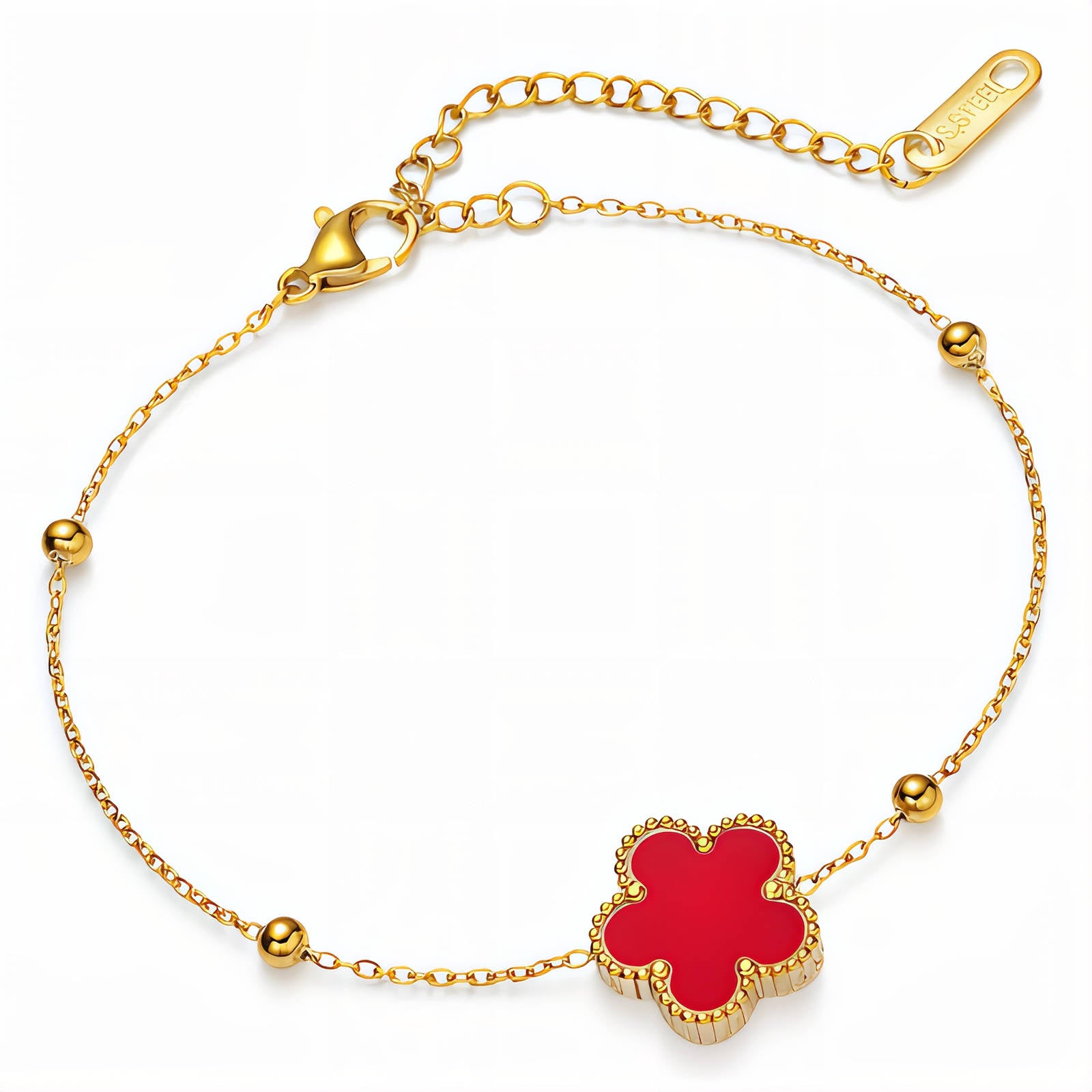 18k water proof Gold plated bracelet with a red clover-shaped charm on a white background