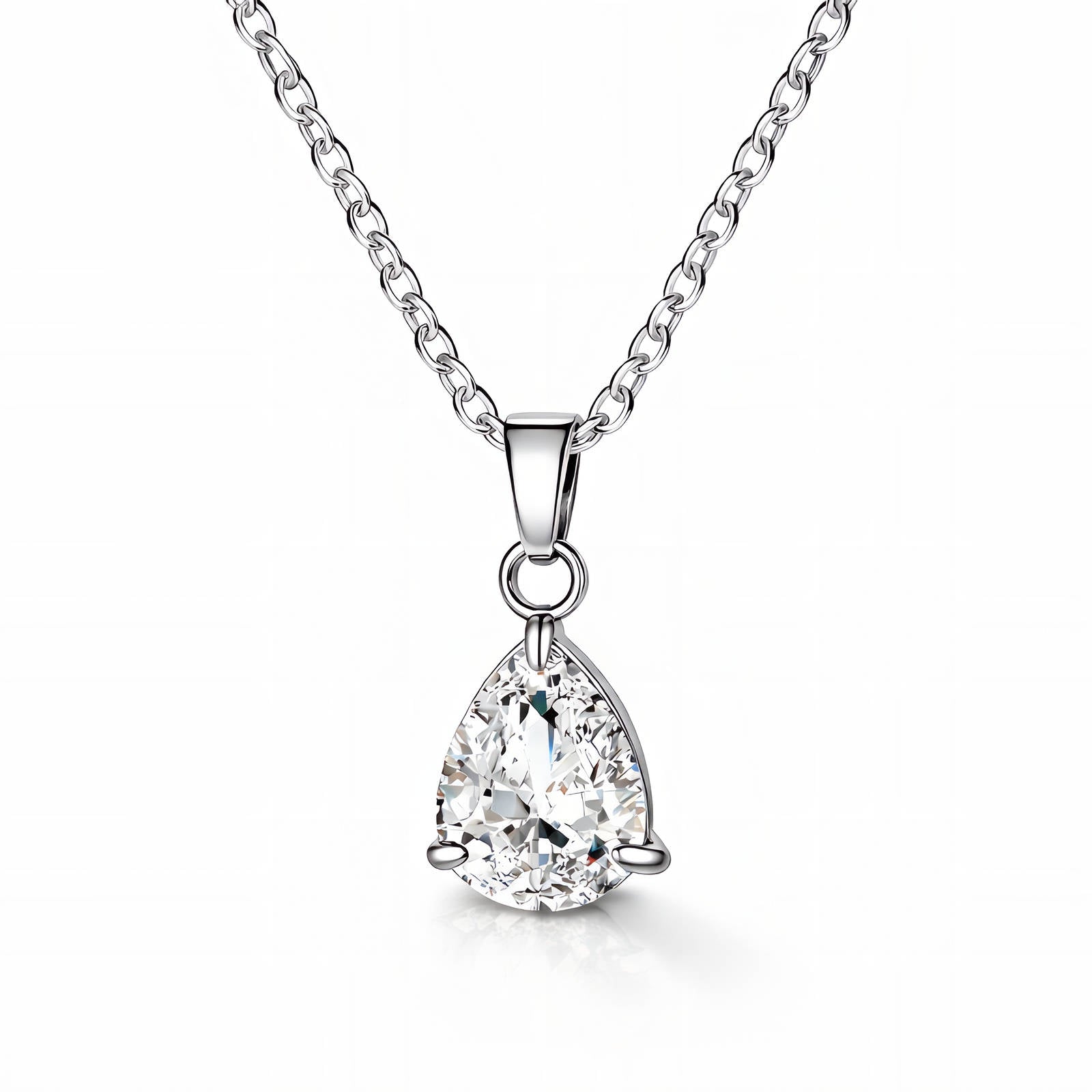 Silver stainless steel teardrop-shaped diamond pendant necklace on a white background