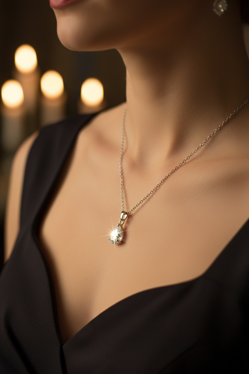 Close-up of a necklace with a pendant on a person against a blurred candlelit background