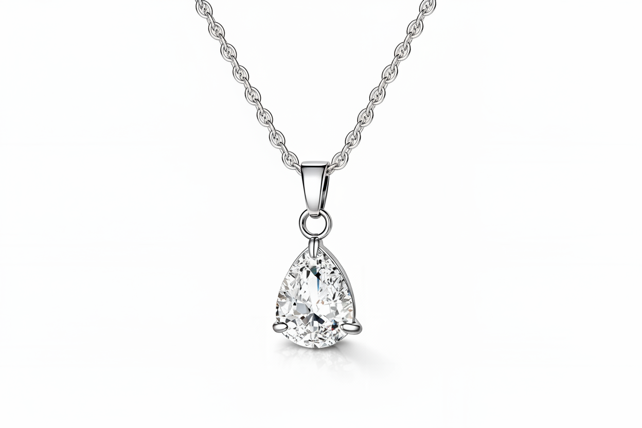 Teardrop-shaped anti tarnish pendant on a chain necklace against a white background