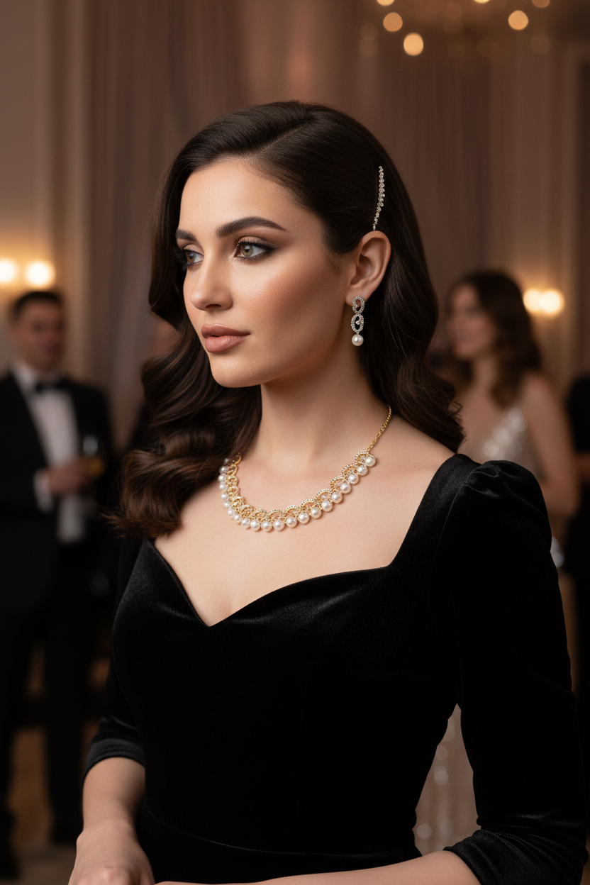 Woman in a black dress with pearl jewelry in an elegant indoor setting
