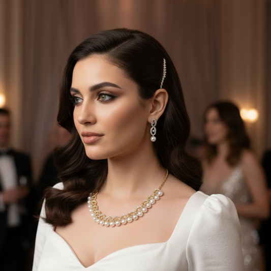 Woman in a white dress with jewelry in an elegant indoor setting
