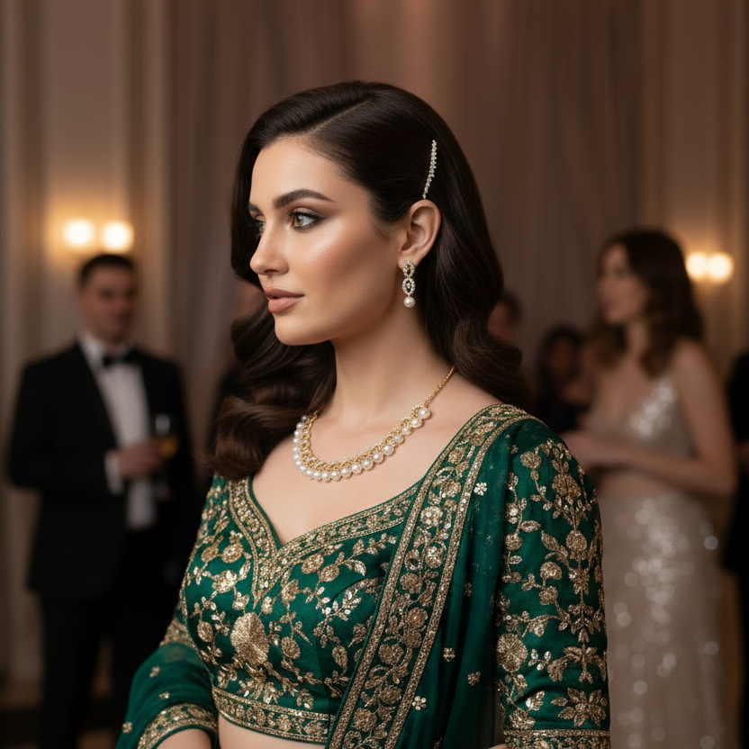 Woman in a green traditional outfit with jewelry in an elegant indoor setting