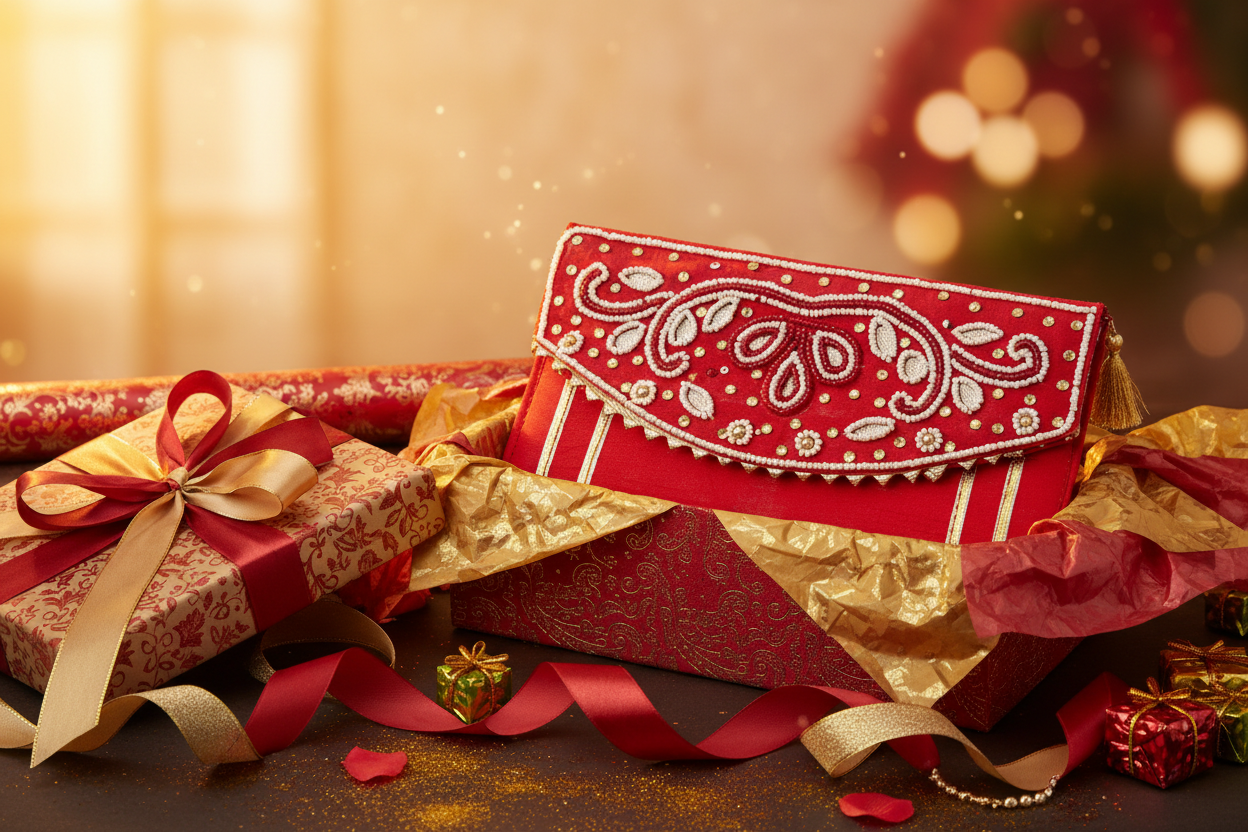 Decorative gift box with red and gold ribbons on a festive background