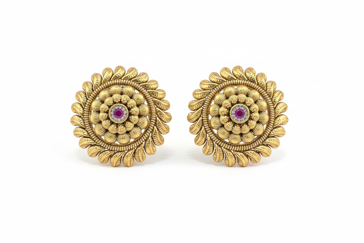 Pair of gold earrings with central gemstones on a white background