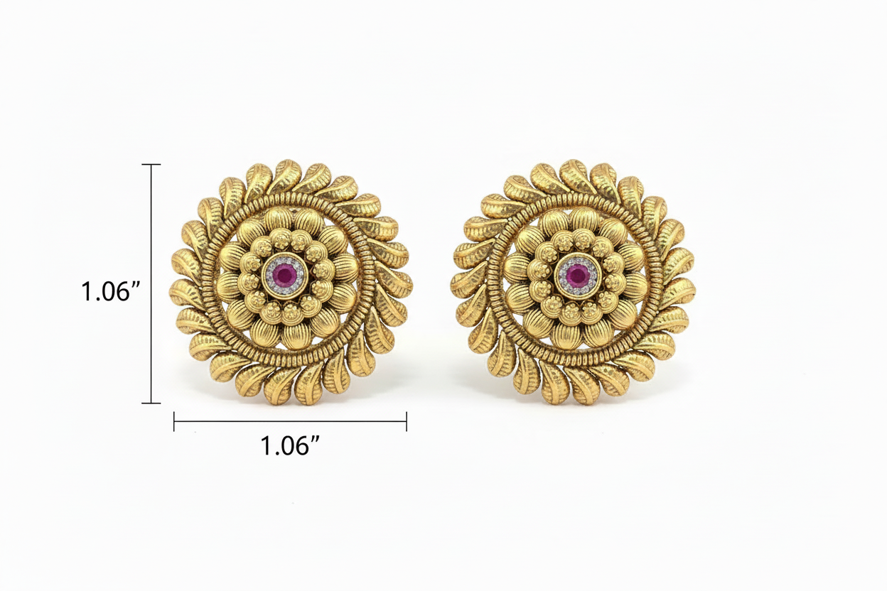 Temple Jewelry Lotus Flower Stud Earrings – Antique Gold Plated Pink Stone Bridal Tops