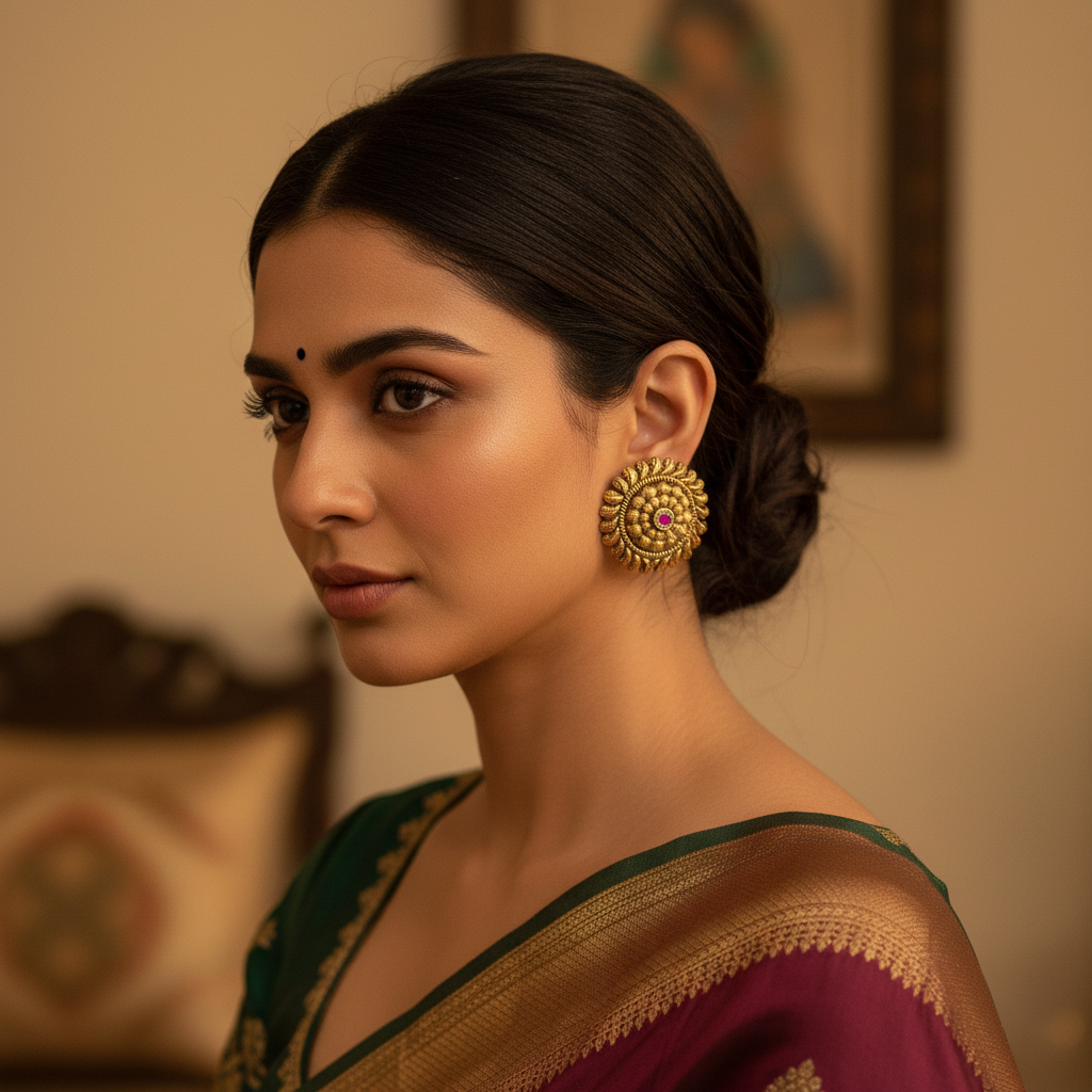 Woman wearing a traditional saree with gold jewelry indoors
