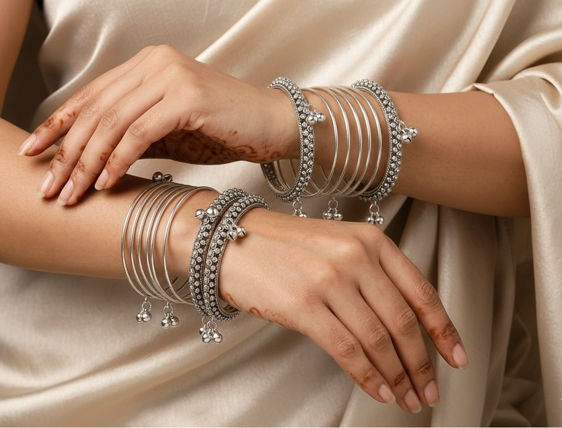 Close-up of hands wearing multiple silver bangles on a green fabric background