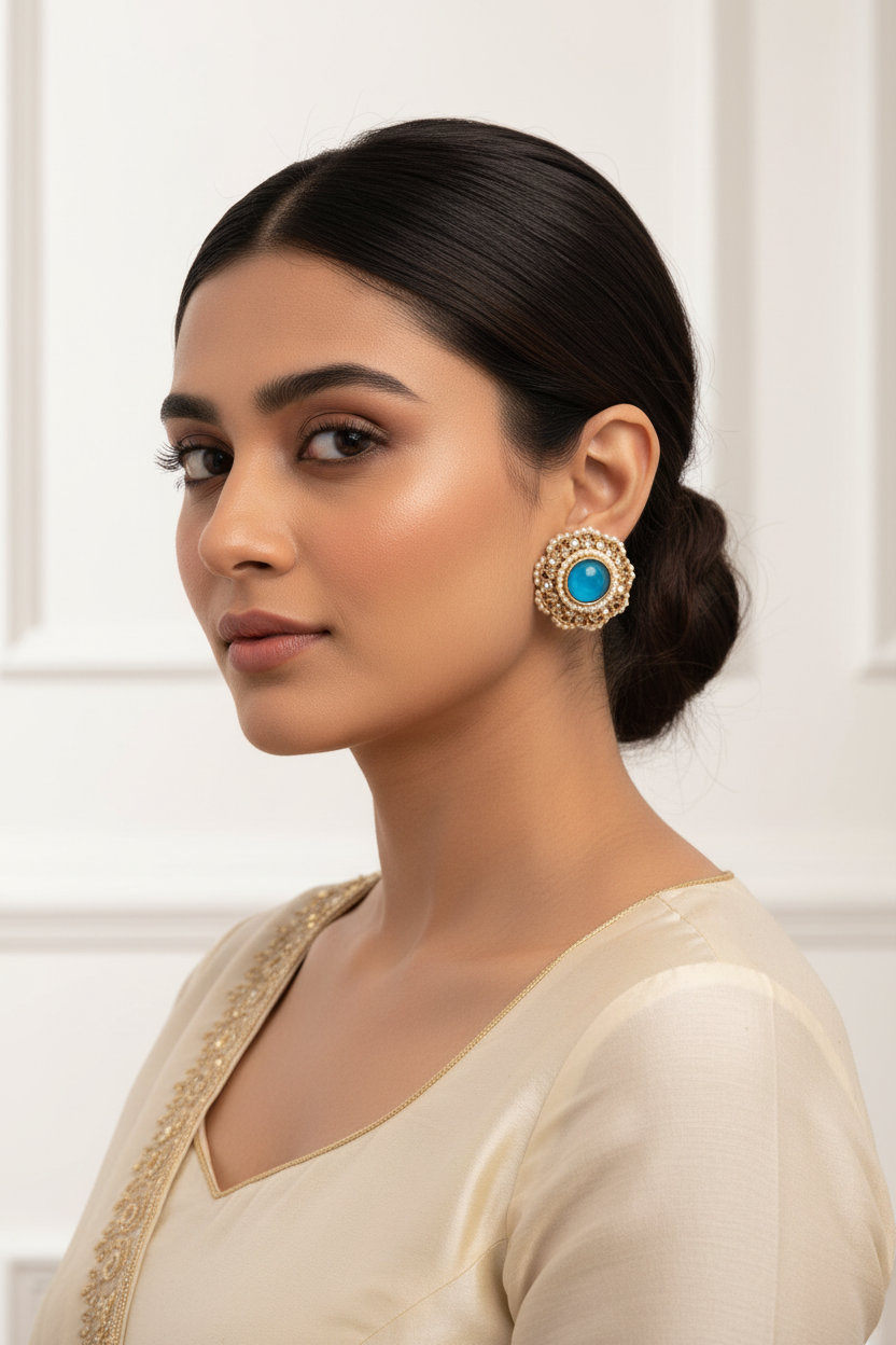 Antique Tops with Mehndi Plating Multi-Color stones and pearls beads Traditional Earrings