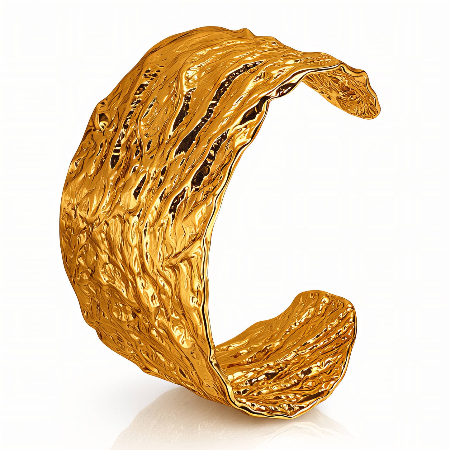 Gold bracelet with a textured surface on a white background
