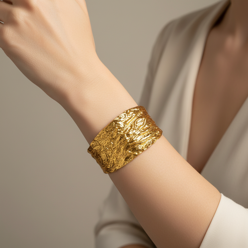Wide Textured Cuff Bracelet 18K Gold Plated