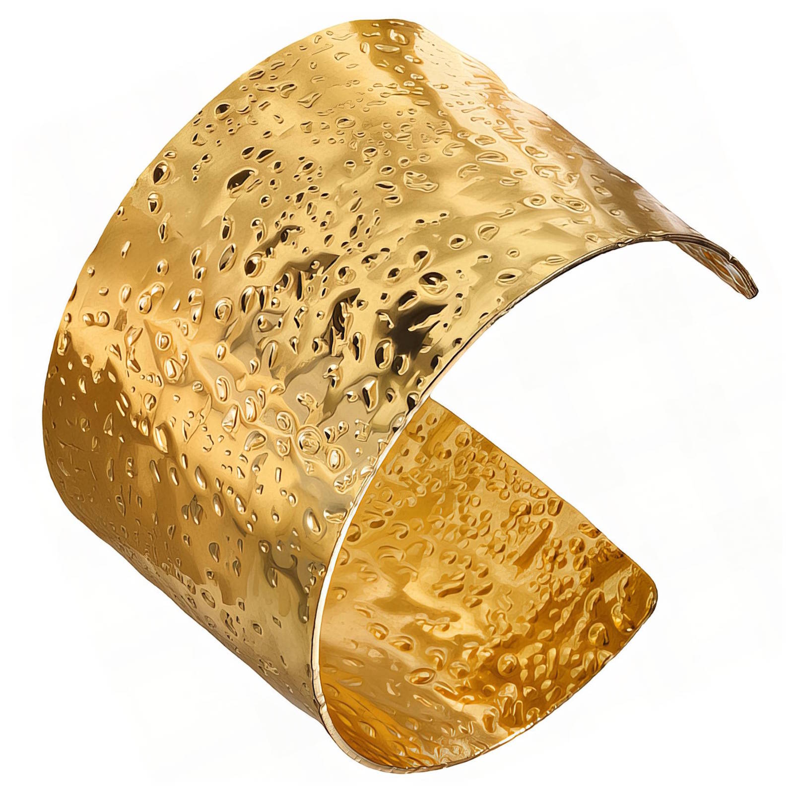 anti tarnish Gold plated textured cuff bracelet on a white background
