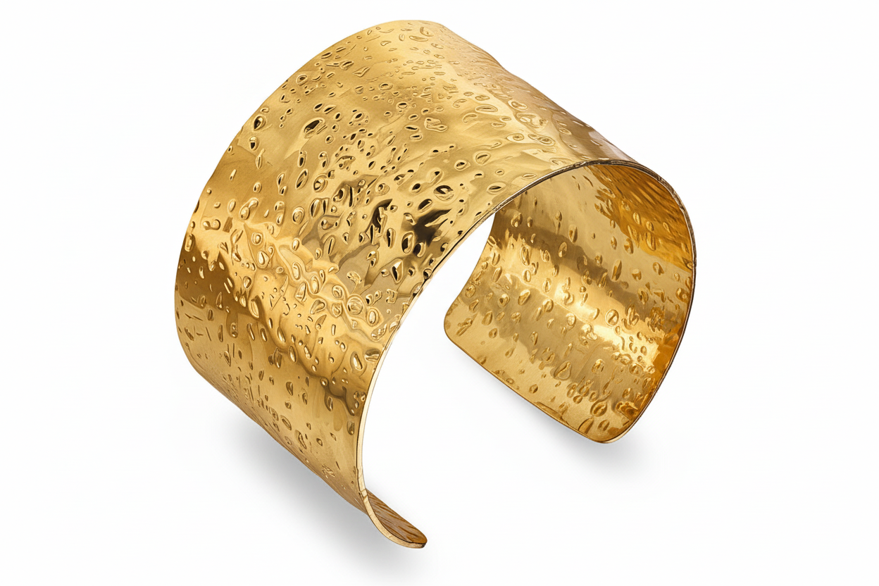 Gold cuff bracelet with textured surface on a white background