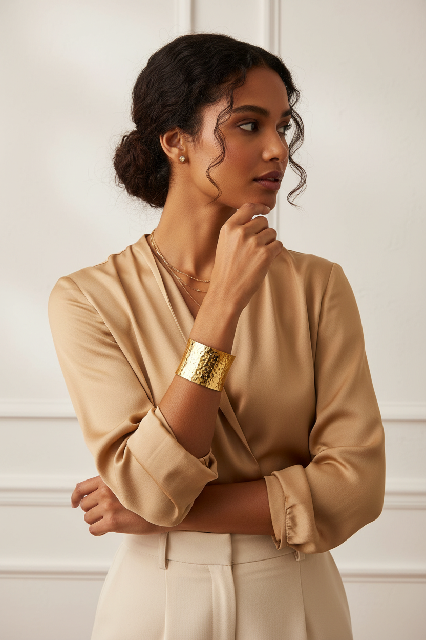 Woman wearing a beige blouse and pants with a gold bracelet against a white wall.