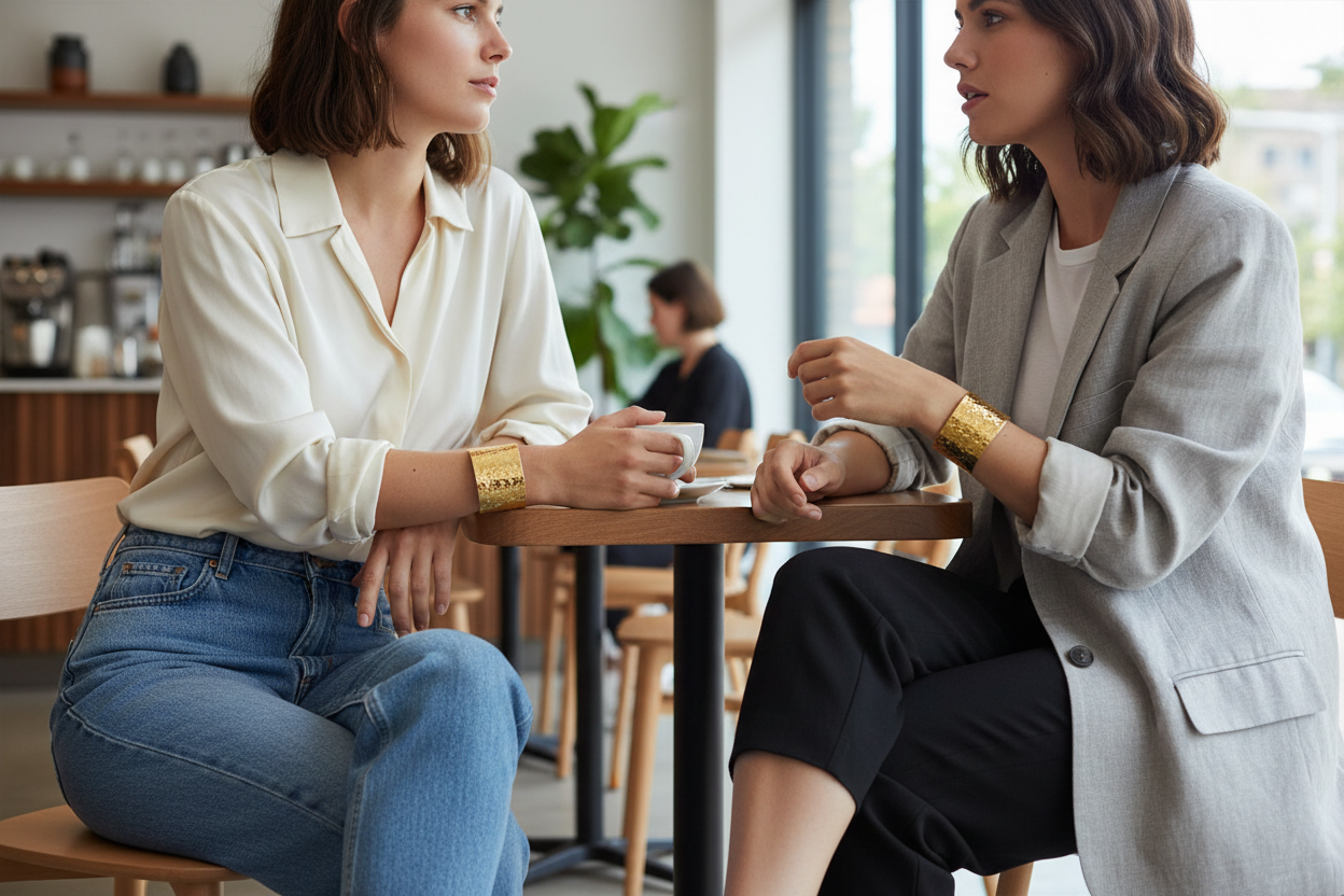 Two women wearing cuff bracelet sitting at a table in a cafe, engaged in conversation.