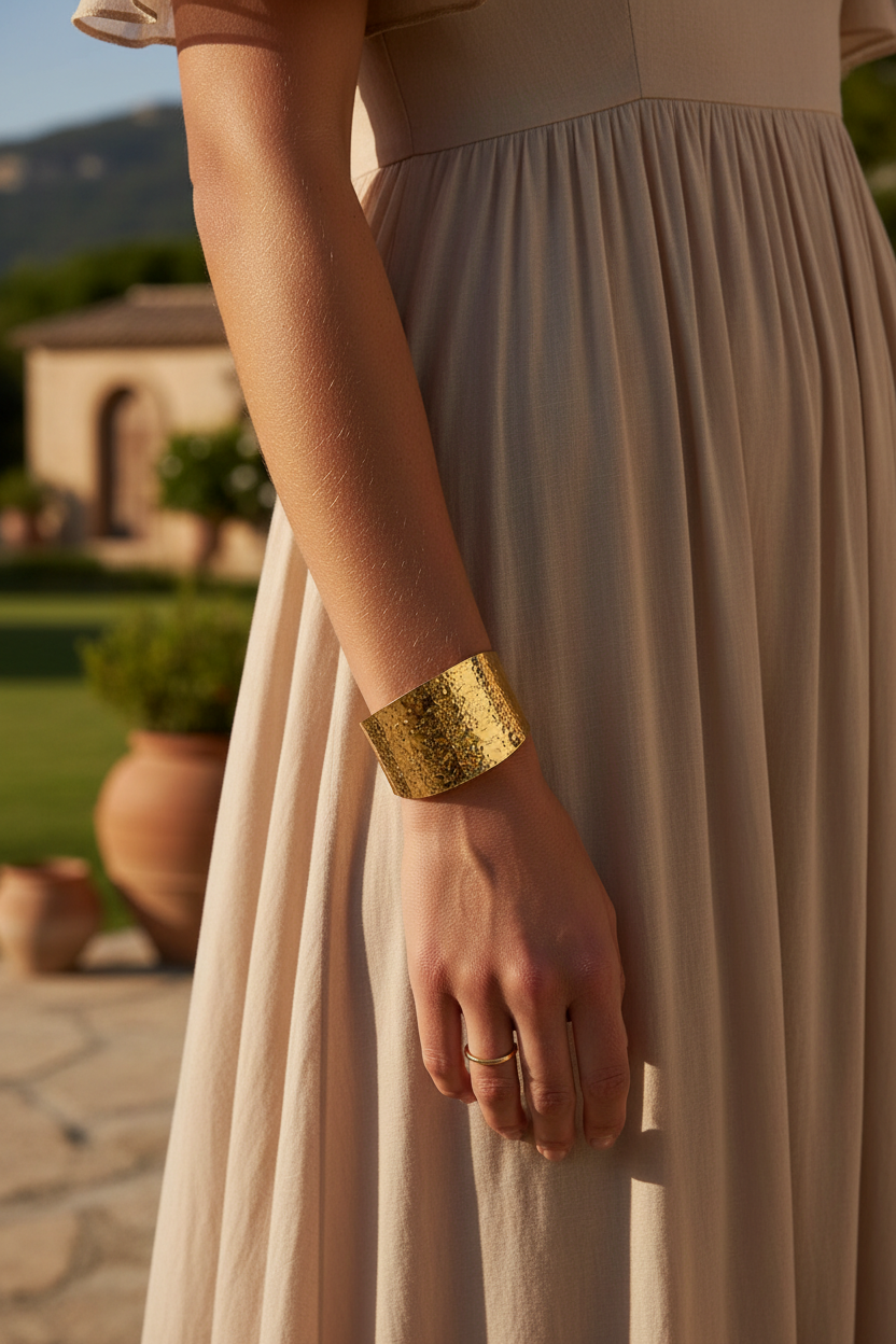 Person wearing a gold bracelet and beige dress with a blurred outdoor background