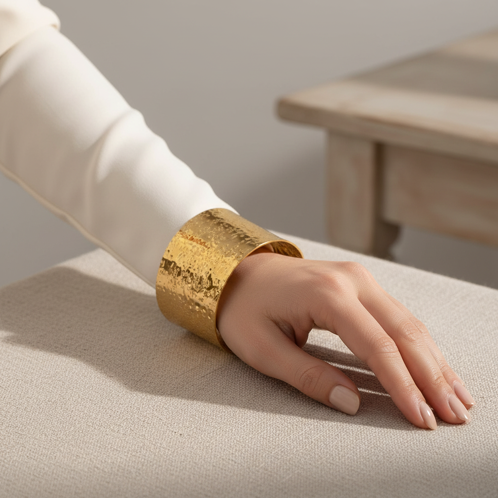 Gold plated bracelet on a hand resting on a textured surface with a neutral background