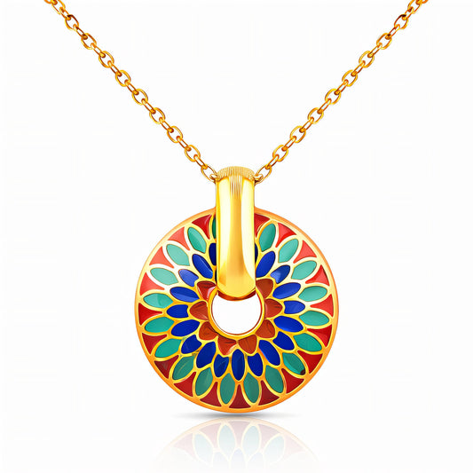 Colorful circular pendant on a gold chain against a white background