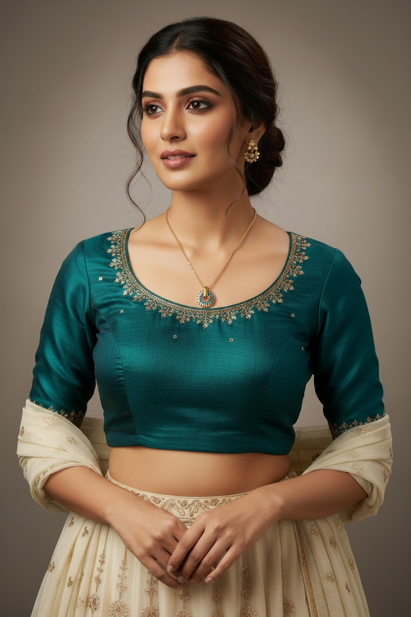 Woman wearing 18k gold plated round pendant necklace with  teal blouse with intricate detailing on a plain background