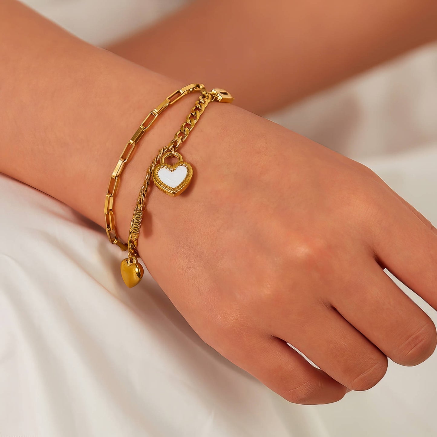 Double-Layer Heart Charm Bracelet Set | 18K Gold Plated