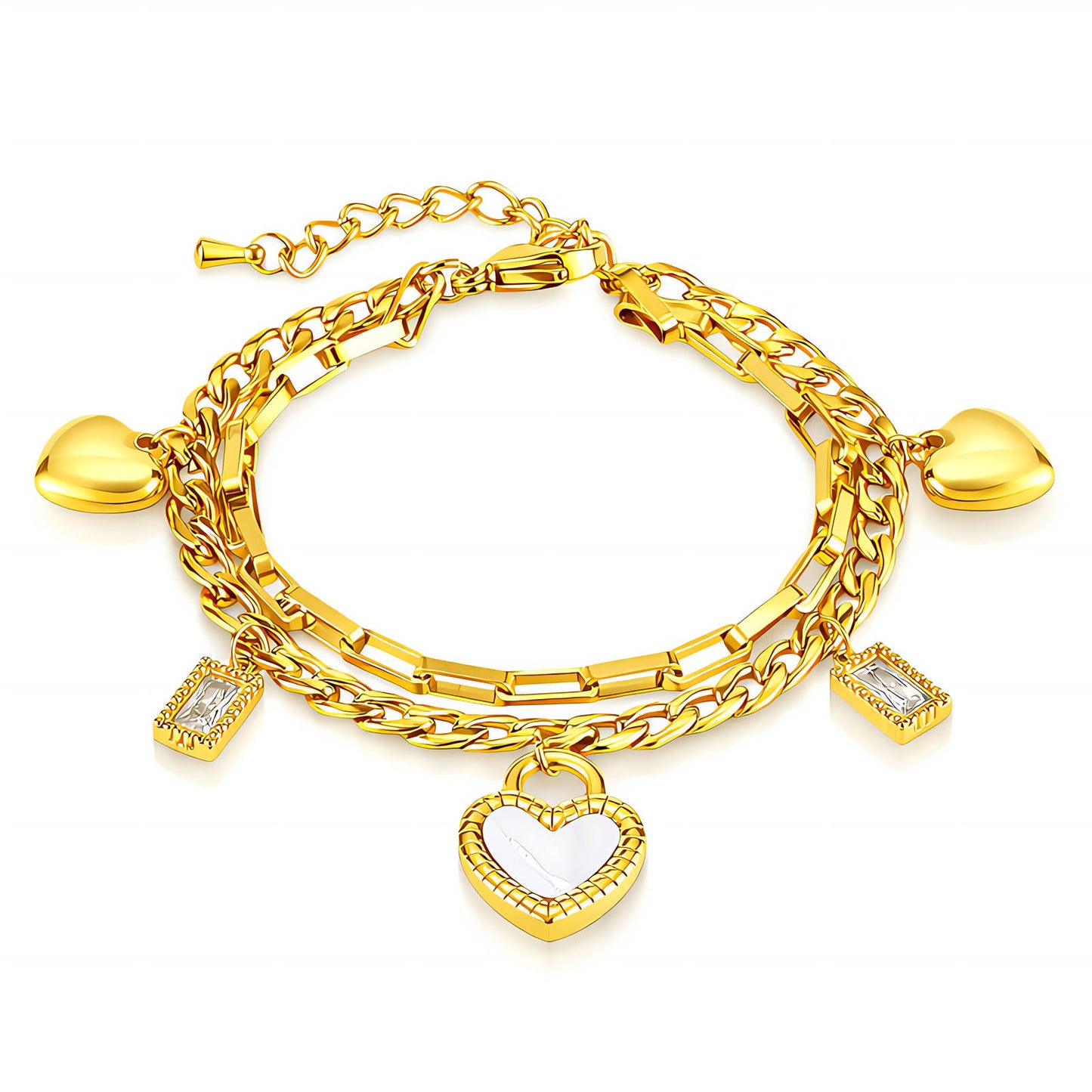 Double-Layer Heart Charm Bracelet Set | 18K Gold Plated