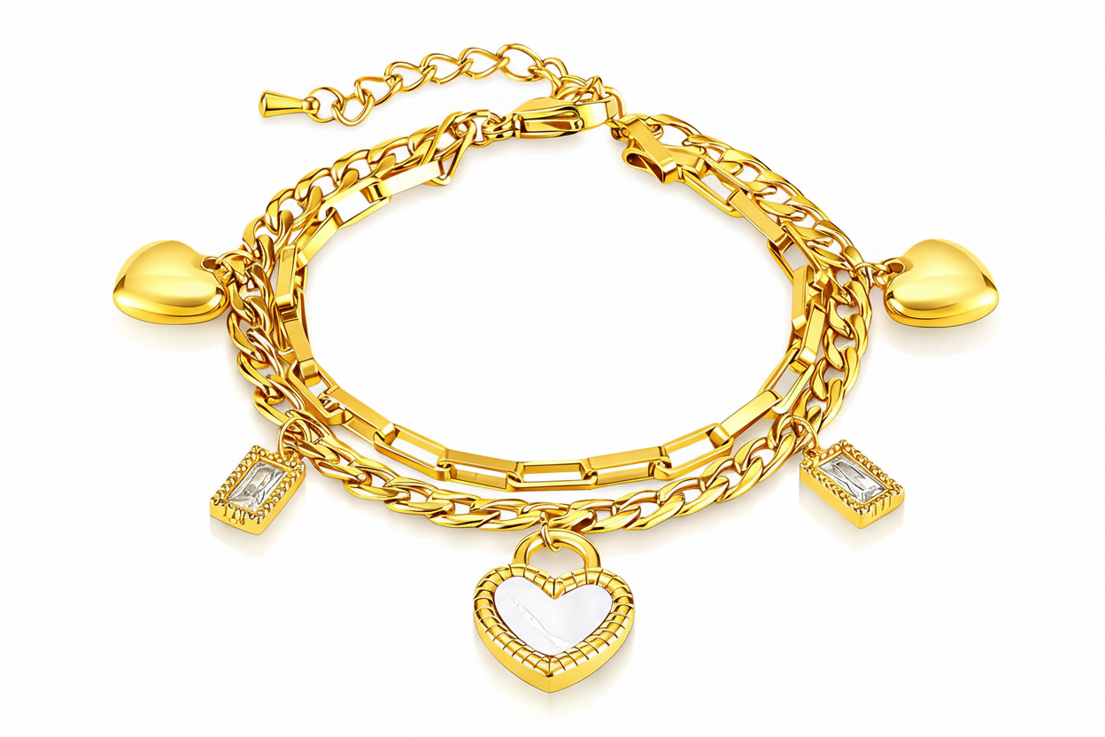 Double-Layer Heart Charm Bracelet Set | 18K Gold Plated