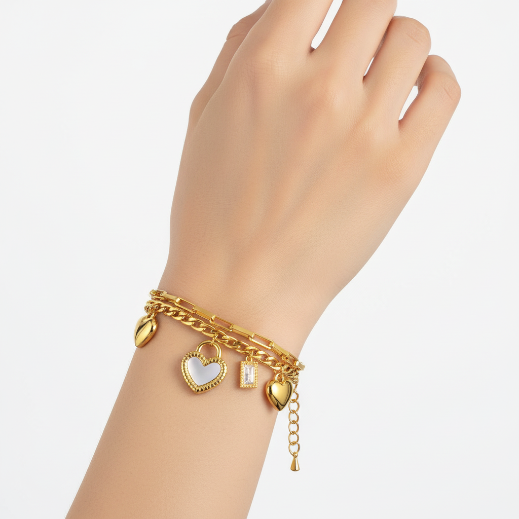 Double-Layer Heart Charm Bracelet Set | 18K Gold Plated