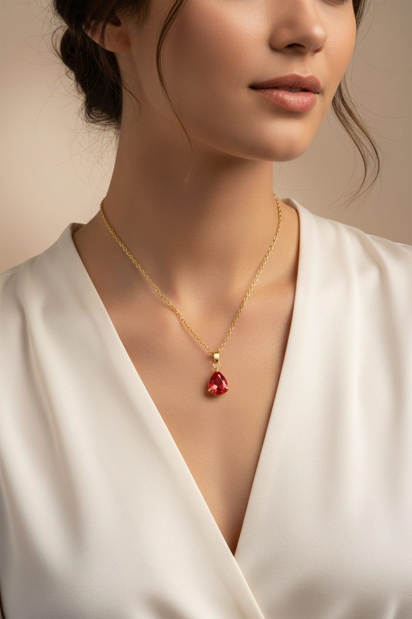 Ruby Red CZ Teardrop Necklace | 18K Gold Plated