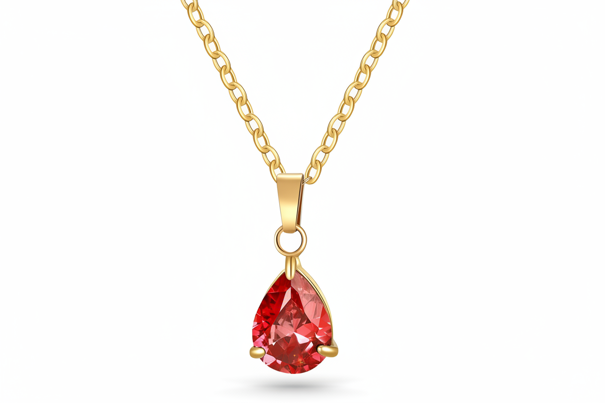 18k Gold plated anti tarnish necklace with a red teardrop-shaped gemstone pendant on a white background