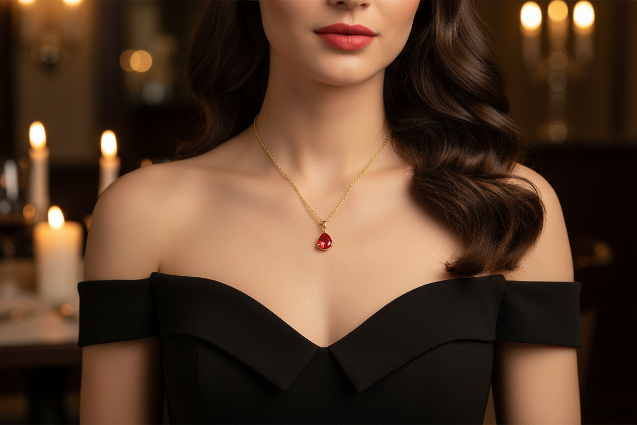 Woman wearing 18k gold plated red pendant necklace water proof anti tarnish 