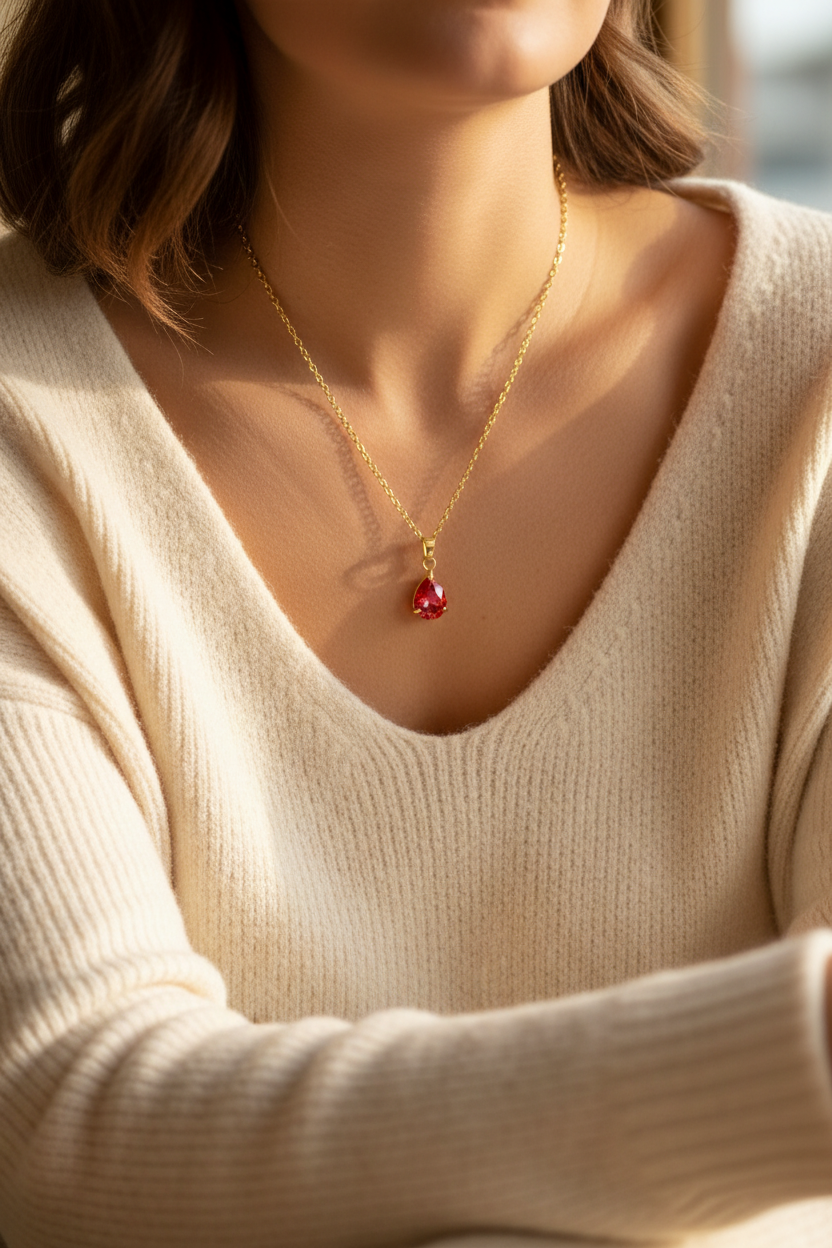 Person wearing a gold plated necklace with a red pendant look 