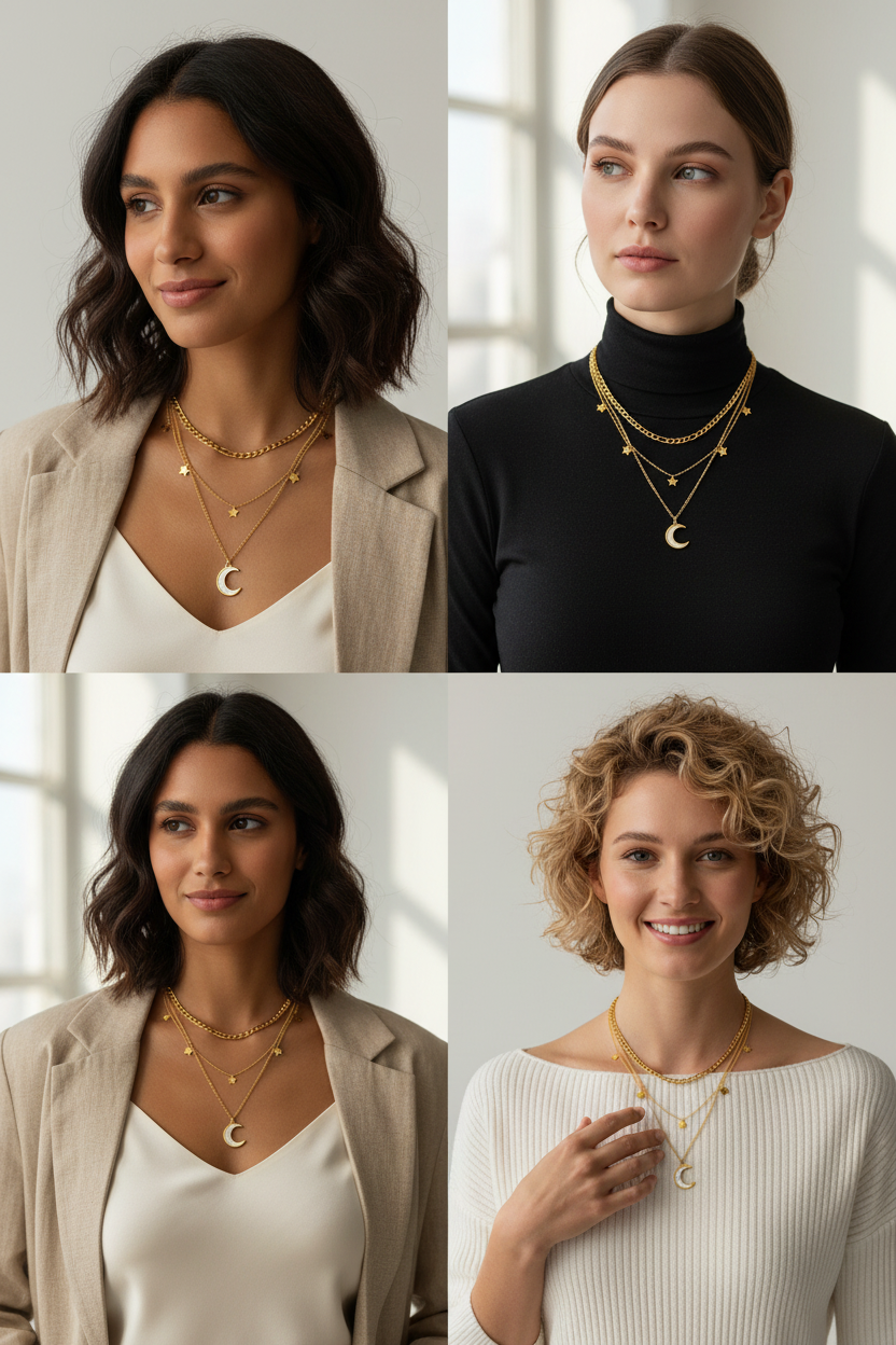 Four women wearing anti tarnish gold plated necklaces with different pendants in various settings.