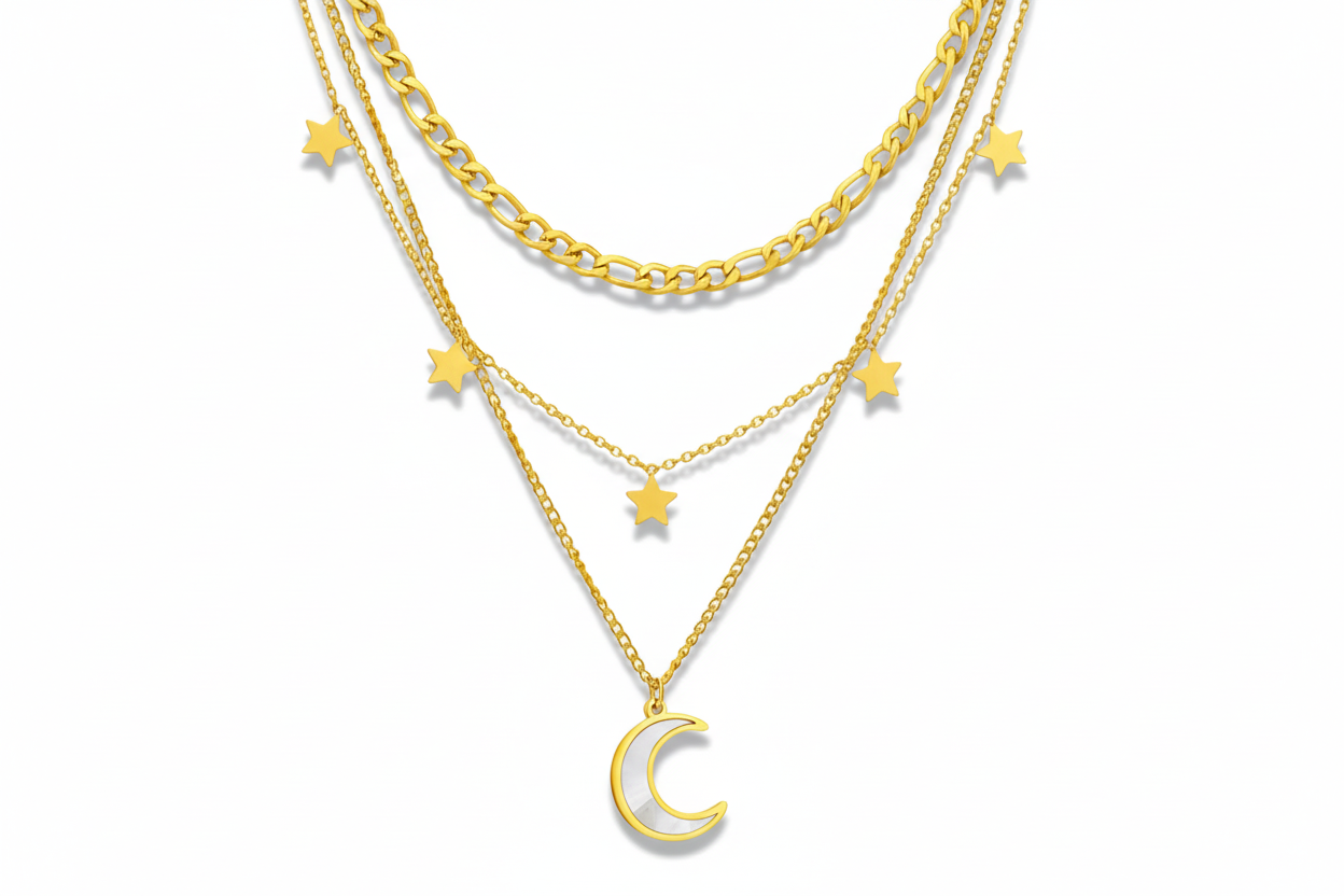 18k gold plated Gold necklace with star and moon pendants on a white background