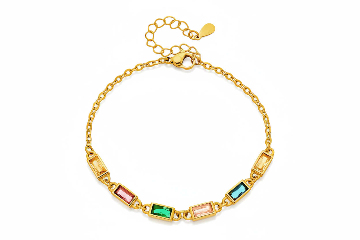Multicolor Baguette CZ Station Chain Bracelet | 18K Gold Plated