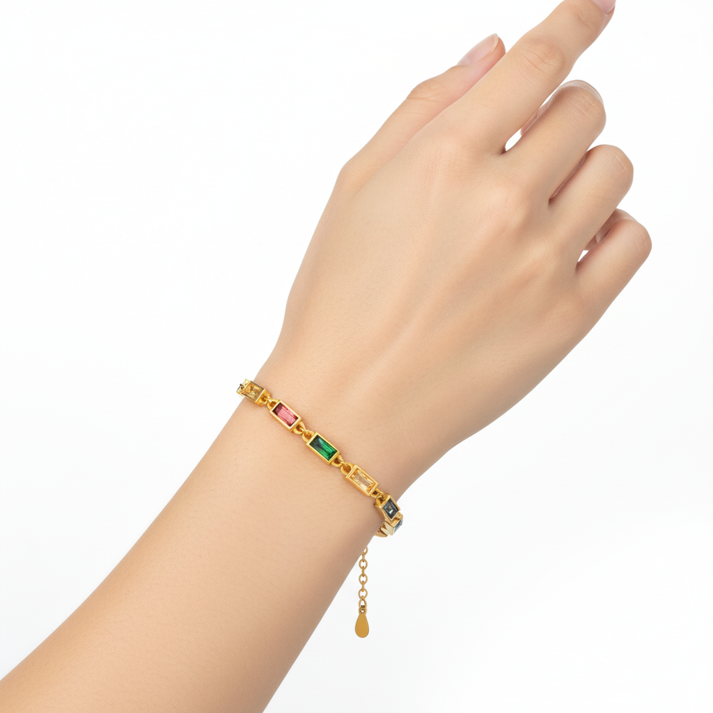 Multicolor Baguette CZ Station Chain Bracelet | 18K Gold Plated