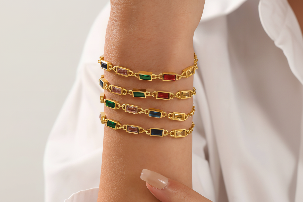 Multicolor Baguette CZ Station Chain Bracelet | 18K Gold Plated