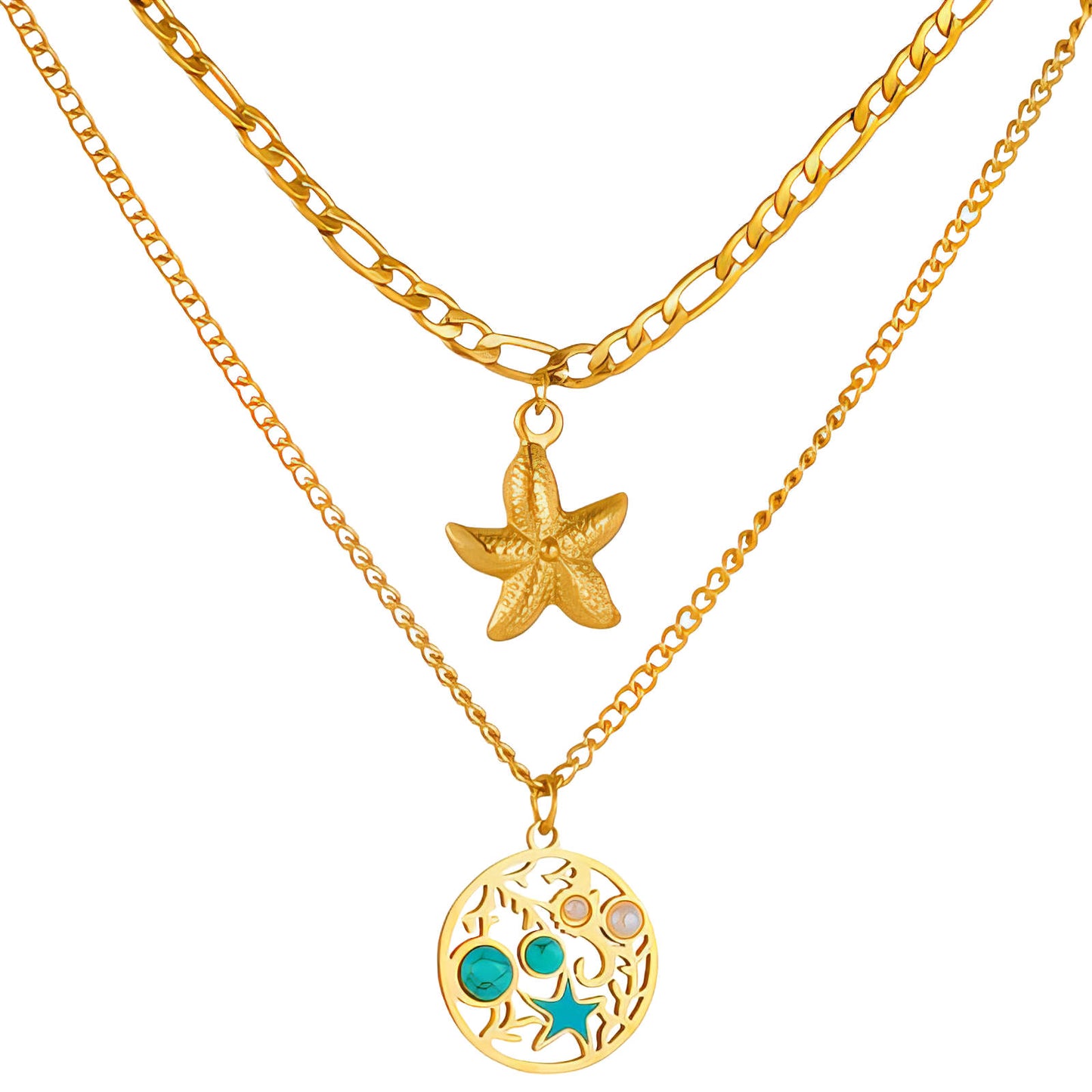 Two gold necklaces with starfish and circular pendants on a white background