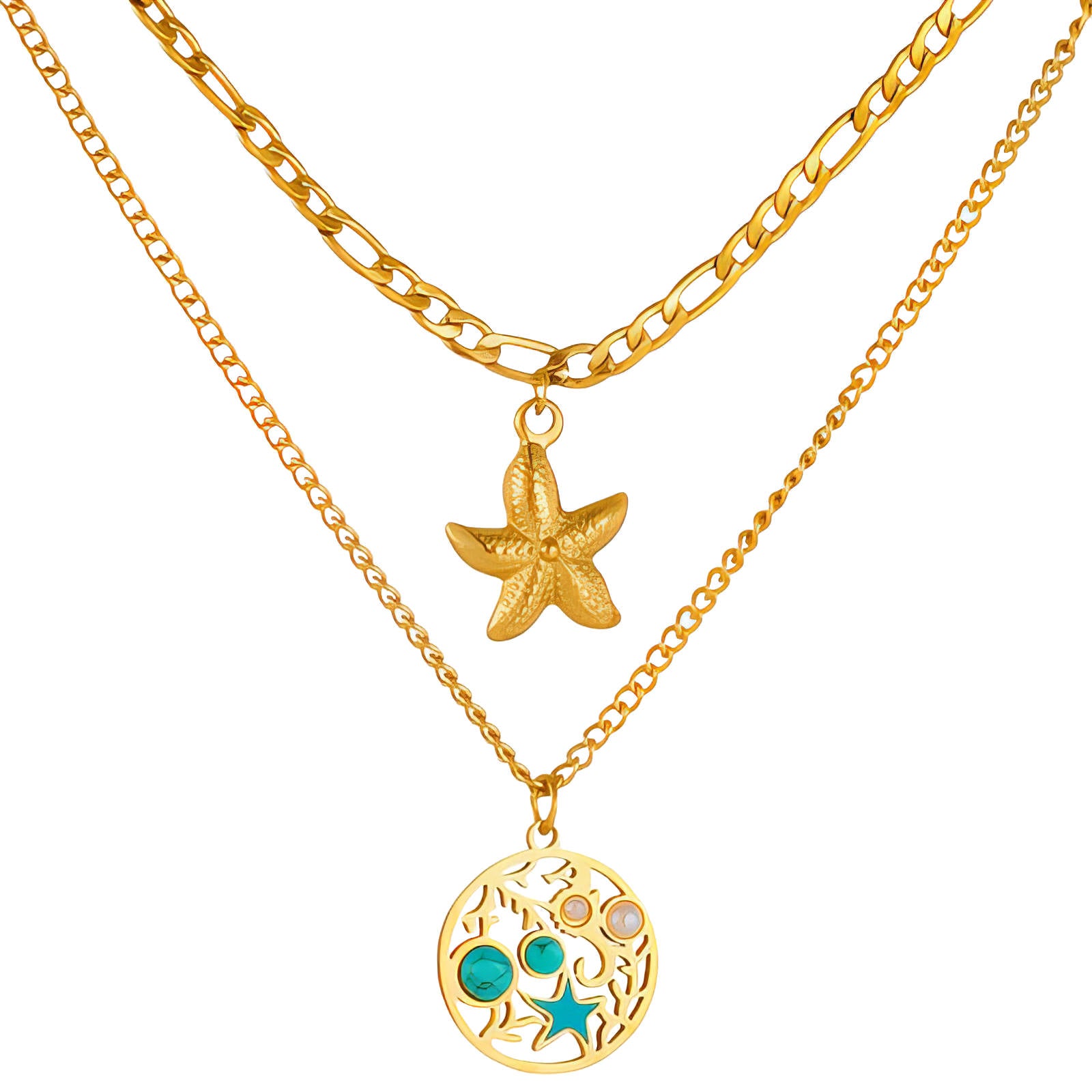 Two gold necklaces with starfish and circular pendants on a white background