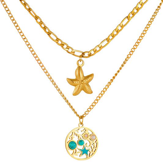 Two gold necklaces with starfish and circular pendants on a white background