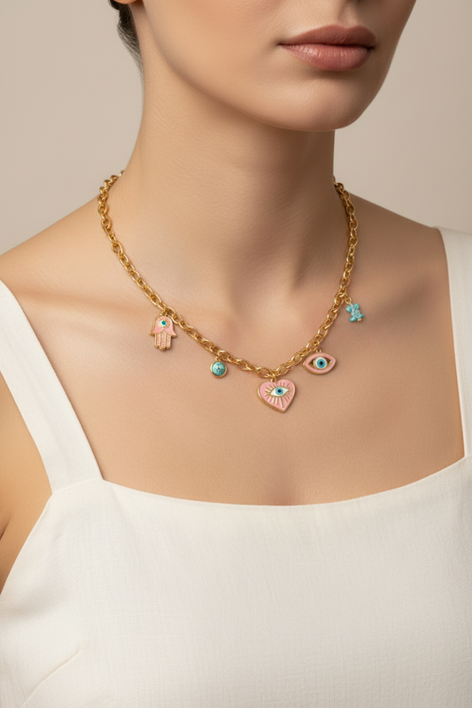Evil Eye & Hamsa Charm Necklace 18K Gold Plated